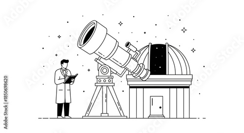 Illustration depicting an astronomer at observatory with telescope looking at stars