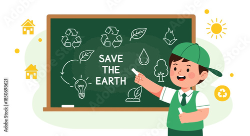 Illustration featuring a child advocating for environmental awareness and conservation education