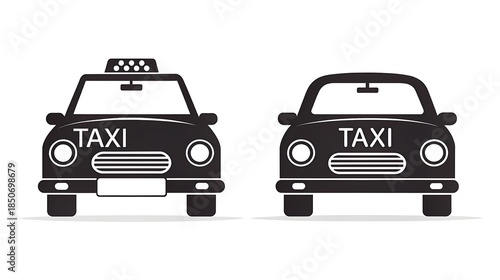 a simple black and white illustration depicts two front views of classic taxi cabs with visible signage and headlights high-quality