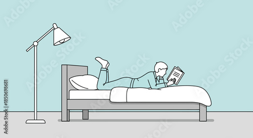 Illustration of a man lying on a bed reading a book in a peaceful setting showing relaxation