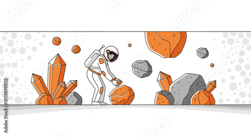 Illustrative depiction of an astronaut exploring a planetary landscape filled with minerals and