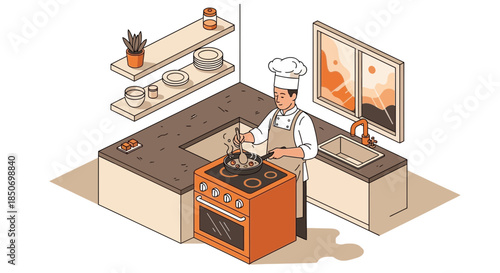 Isometric illustration of a chef cooking in a modern kitchen design concept vector