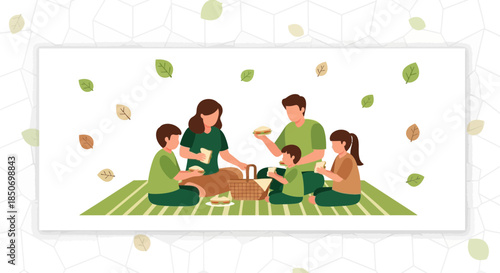 Family enjoying a picnic outdoors with food, drinks, and autumn leaves falling down, perfect for