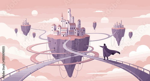 Fantasy landscape with floating islands, bridges and a majestic figure in a cape