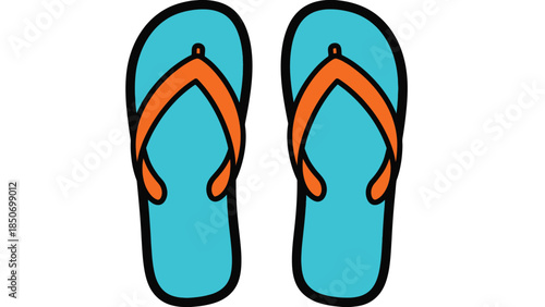A pair of bright blue and orange flip flops presented on a white background