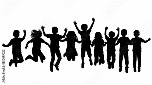Diverse group of children jumping joyfully in silhouette.