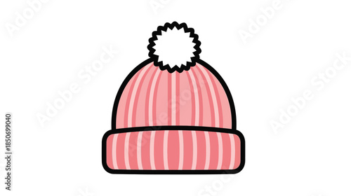 A simple illustration of a pink knitted winter hat with a pom pom