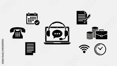 Business and Technology Icons Representing Communication and Services.