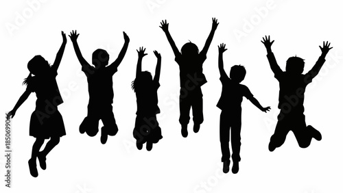 Silhouette of Diverse Children Joyfully Jumping in the Air.