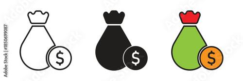 Vector icon set of a money bag with a dollar coin representing wealth, investment, budget savings, and financial capital growth.