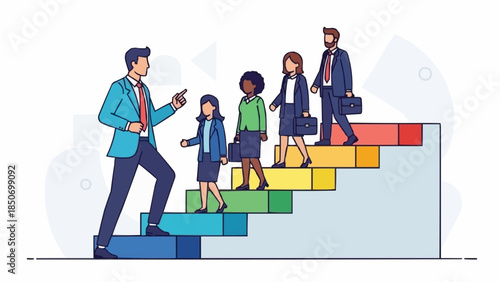 Diverse group of professionals ascending a colorful staircase representing career growth and teamwork.