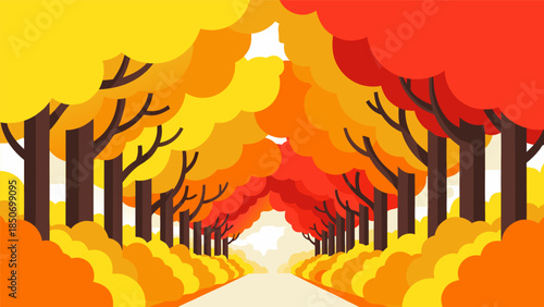 Vibrant autumn forest path illustration with colorful changing leaves, depicting a serene seasonal landscape and natural beauty