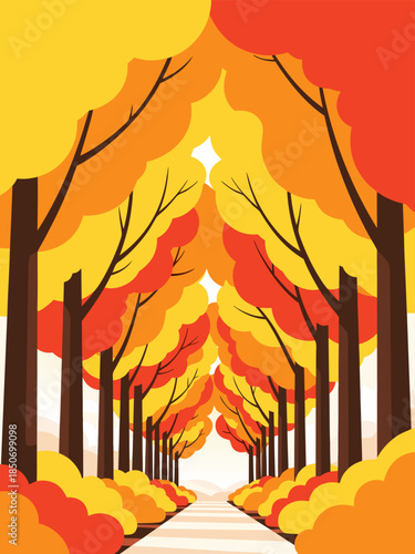 Vibrant autumn alley with a winding path between colorful fall foliage trees in a picturesque seasonal landscape illustration capturing nature's beauty