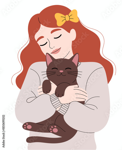 This heartwarming illustration features a woman lovingly cuddling her cat, showcasing affection, companionship, and the joy of pet ownership in a cozy, nurturing atmosphere.