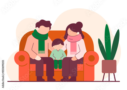 A heartwarming illustration showing a family cuddling on a sofa, wrapped in scarves, symbolizing warmth, comfort, and togetherness in a stylish and modern depiction.