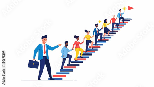 Diverse group of people climbing stairs towards success led by a businessman.