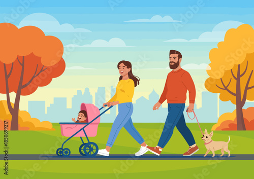 This cheerful illustration depicts a family walking with a stroller and a pet dog, showcasing love, togetherness, and the beauty of spending quality time in nature.