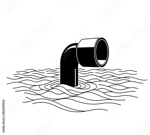 A black pipe extending from wavy water showcasing a simple illustration of a discharge point