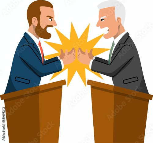 An intense confrontation between two sharply dressed men at podiums, symbolizing heated debates and political rivalry, illustrated with exaggerated facial expressions.