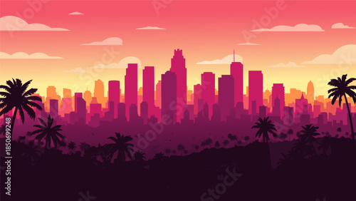 Vibrant twilight vector illustration capturing an iconic city skyline silhouette against a stunning sunset sky, framed by majestic palm trees