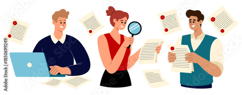 A diverse team of three professionals actively analyzing documents with magnifying glasses, reflecting diligence, teamwork, and attention to detail in their work.