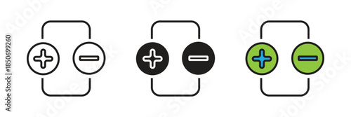 Plus and minus symbol icon set representing battery polarity, electrical charge, positive and negative balance, or comparison of pros and cons.