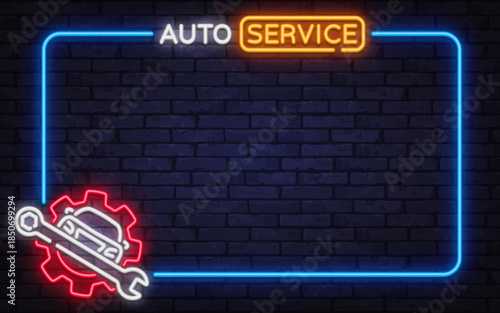 Clean neon vector frame with auto service sign, gear, and wrench icon. Ideal for car maintenance ads, garage branding, and repair promotions.