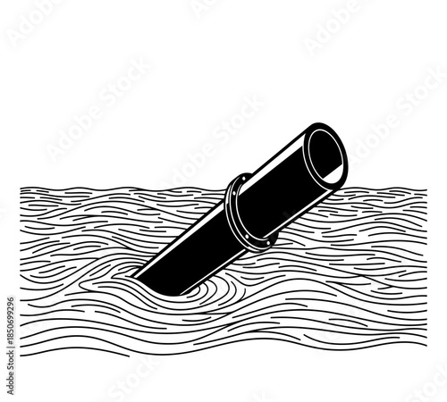 A black pipe partially submerged in wavy water creating a stark visual contrast against the textured background