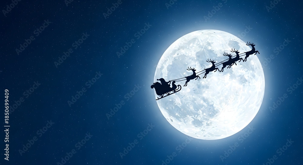 Fototapeta premium Santa Claus flying his sleigh silhouette against a full moon, a magical Christmas night journey concept for the holidays.