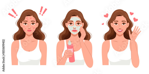 A vibrant illustration showing a woman moving through her skincare routine, from dealing with blemishes to applying a mask, ending with a happy and glowing face, promoting self-care.