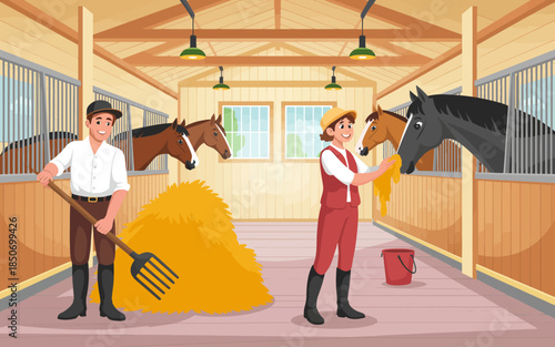 An engaging illustration depicting workers in a stable caring for horses, showcasing the bond between humans and animals, perfect for themes of agriculture and outdoor life.