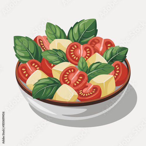 A fresh and appetizing illustration of a salad featuring tomatoes and basil, emphasizing healthy eating, beautifully presented to attract food enthusiasts and culinary creators alike.