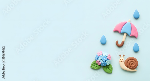 梅雨の紫陽花とカタツムリと傘のかわいいクレイアートフレーム背景
