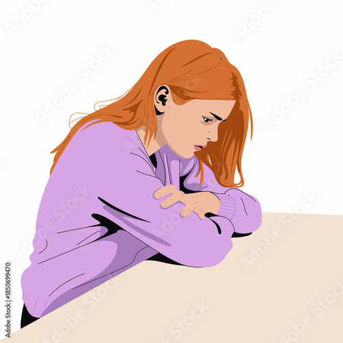 This artistic illustration captures a young woman deep in thought, conveying emotion and inner reflection, perfect for themes of mental health and introspection.