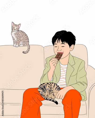 This charming illustration depicts a boy sitting on a couch, savoring a chocolate bar while playful kittens provide a warm and playful backdrop, symbolizing joy and companionship.