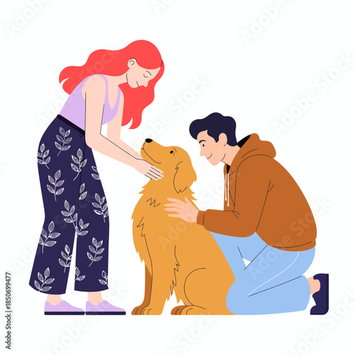 A young couple interacts joyfully with their golden retriever, embodying love and companionship. Their smiles highlight the bond between humans and pets.