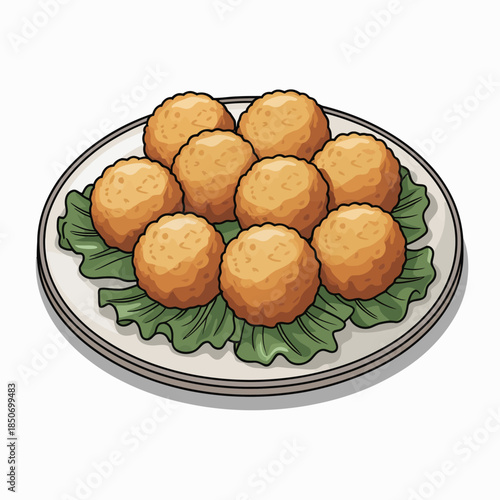 An appetizing depiction of golden fried balls served on a plate over fresh lettuce, perfect for food lover's websites or menus depicting tasty culinary delights.