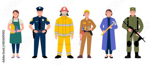 This image showcases diverse professions including a cleaner, police officer, firefighter, mechanic, painter, and soldier, emphasizing the variety of essential roles in society.