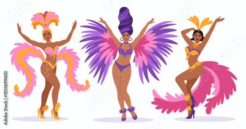 Three fabulous performers dressed in vibrant costumes, showcasing their artistic expressions and confident poses, embodying the excitement of a carnival or festive show.