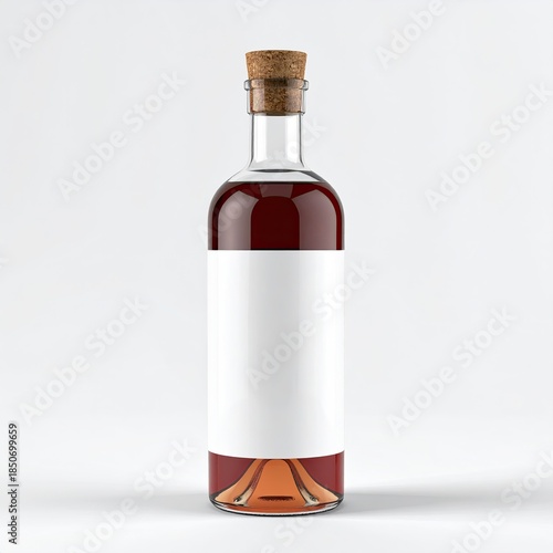 Clear glass bottle with cork stopper and blank label, filled with dark red liquid