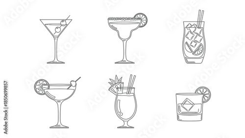 Collection of six classic cocktail drink icons in simple black and white line art style