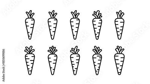 Ten simple black and white line art carrot icons arranged in two neat rows