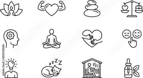 Wellness and self-care icon set, yoga, meditation, emotional strength, mental clarity, sleep, balance, natural remedies, vector illustration