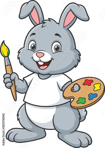 Cartoon, rabbit, painter, smiling, gray, bunny, paintbrush, palette, colorful, creative, character, art, drawing, painting, t-shirt, cheerful, animal, kids, fun, expression - flat vector illustration