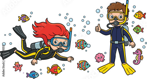 Cartoon, divers, underwater, marine, life, ocean, exploration, scuba, gear, fish, sea, creatures, bubbles, colorful, jellyfish, seahorse, thumbs-up, swimming, wetsuit