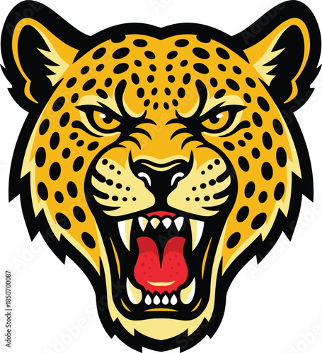 Fierce leopard head logo with open mouth, sharp teeth, intense eyes, bold graphic style, flat vector illustration