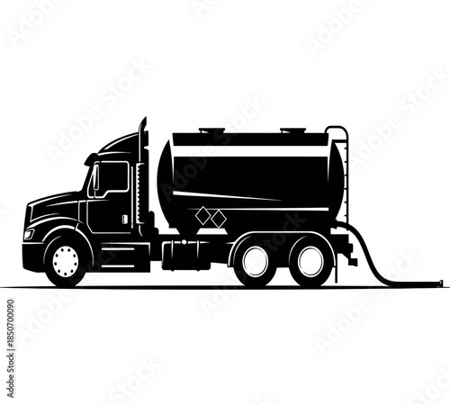 Detailed black and white illustration of a large tanker truck with a prominent cylindrical tank and visible hose
