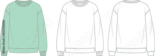 Flat vector illustration, crewneck sweatshirt front back view, fashion sketch template, garment design layout, ribbed cuffs hem neckline drawing