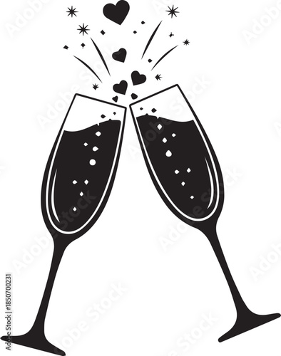 Two champagne glasses clinking together with hearts and stars
