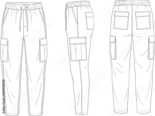 pants, cargo, fashion, sketch, vector, template, garment, apparel, clothing, design, drawing, flat, technical, illustration, pocket